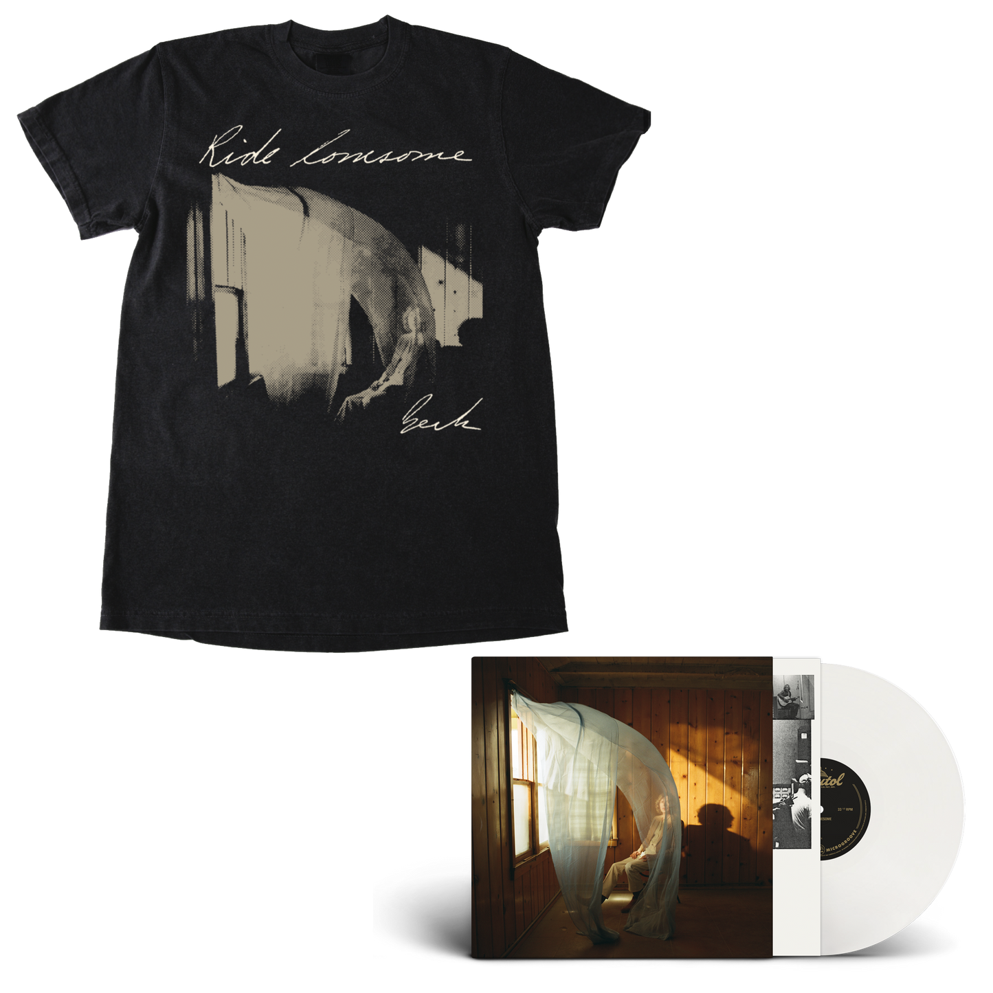 A Black Ride Lonesome Tee with the album cover on the chest and a white vinyl record partially pulled from its album sleeve, showing the cover art of Beck in a room with warm sunlight